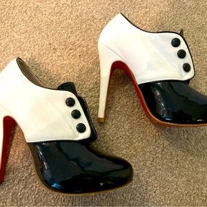 Christian Louboutin Black and Cream Patent Button Esoteri Heel Booties EU39